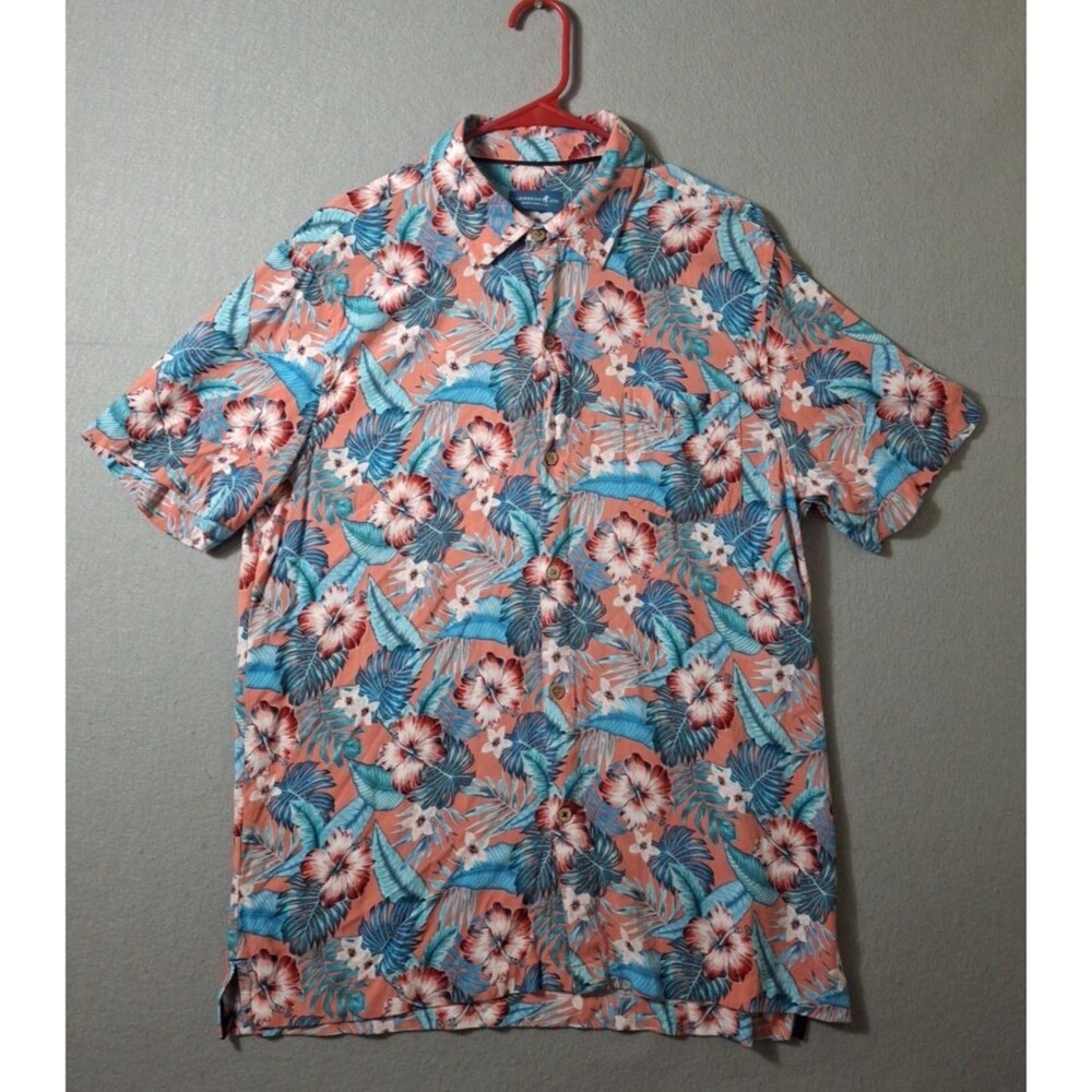 Caribbean Joe Shirt Mens Large Blue Hawaiian Floral Short Sleeve Beach Party